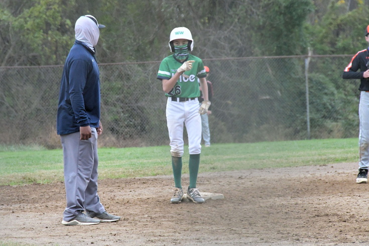 confers with coach on third